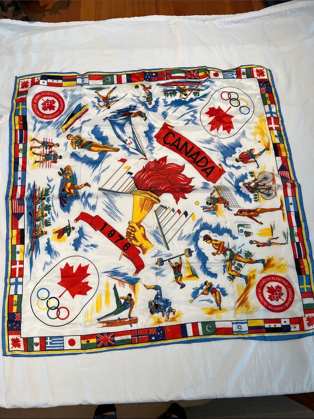 Vintage 1976 Canada Olympic Torch Scarf - Red, Blue, Yellow